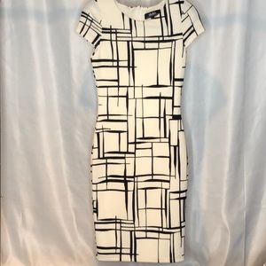Black and Ivory Geometric Print Midi Dress